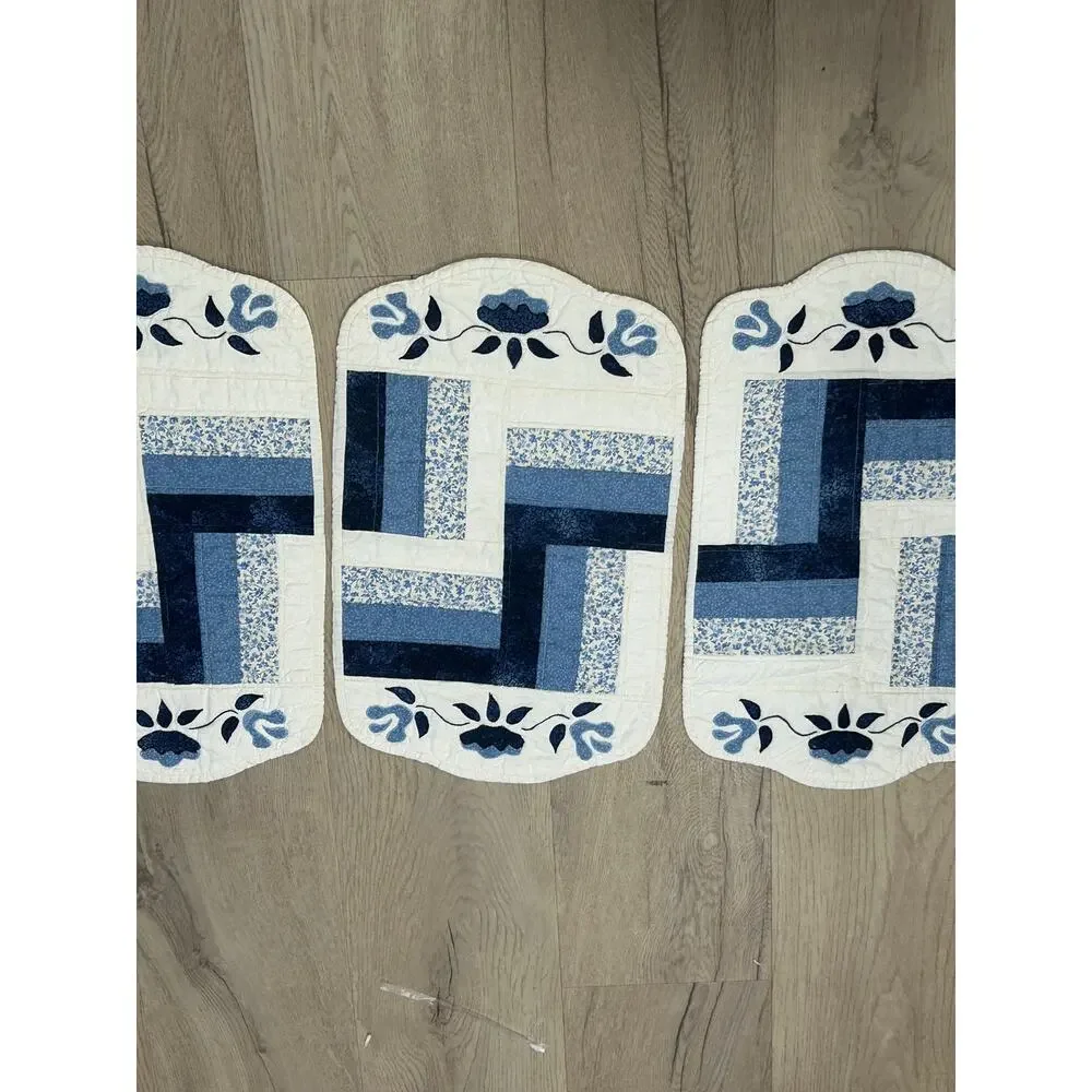 Set of 3 Blue & White Quilted Placemats Folk Art Floral Appliqué Country Cottage